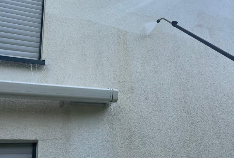 Reinigung einer schmutzigen Fassade mit Moosbefall