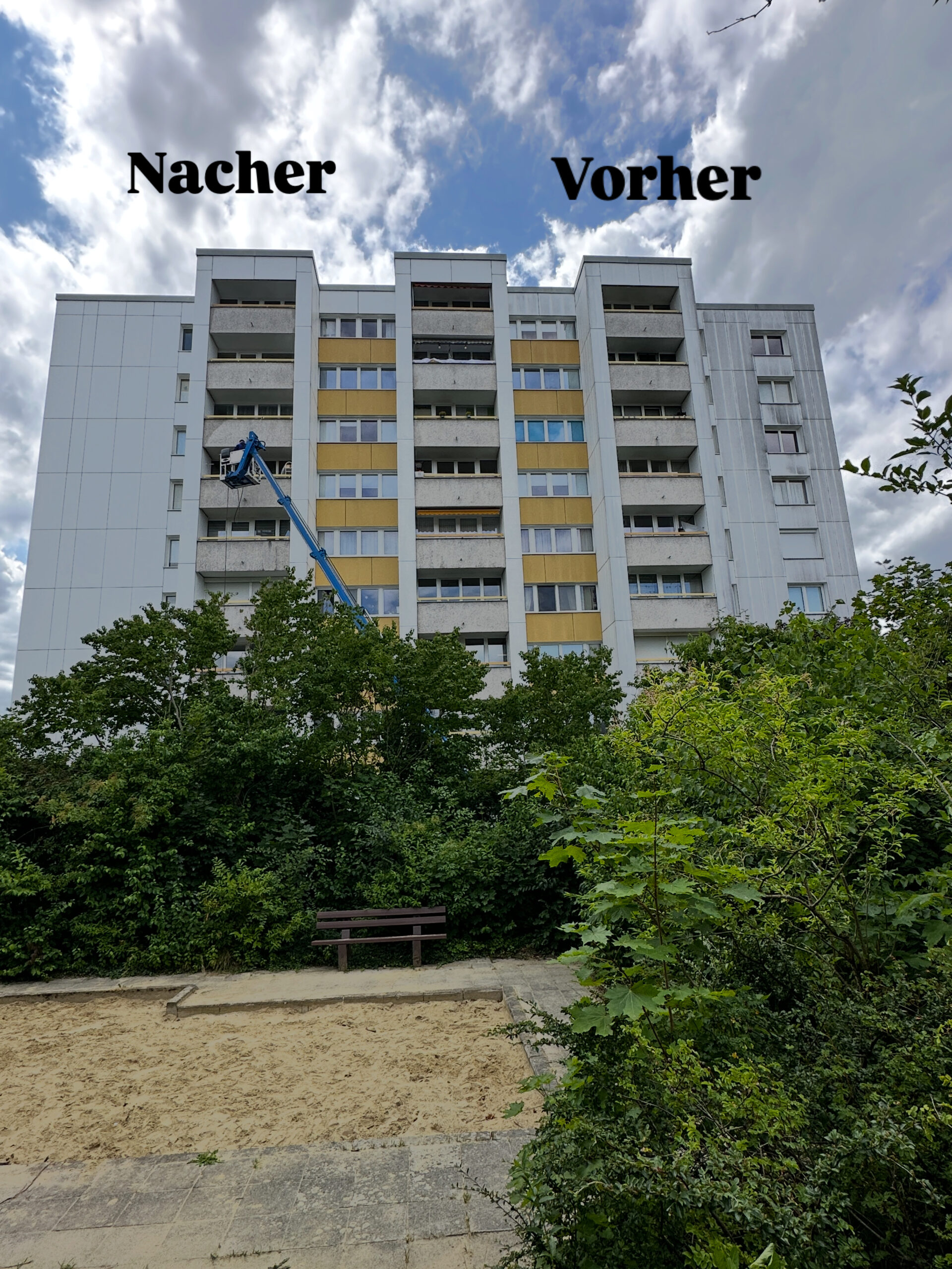 Wohnhochhaus in M&uuml;nchen im Vorher-Nachher-Vergleich nach der Fassadenreinigung